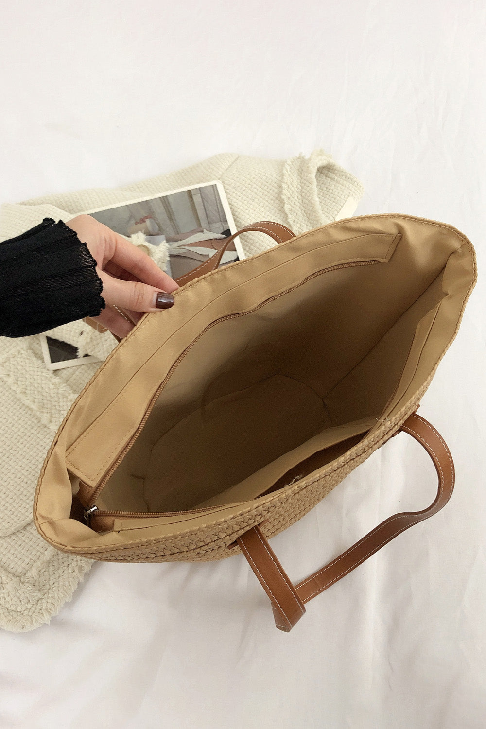 Vegan Leather Handle Straw Tote Bag