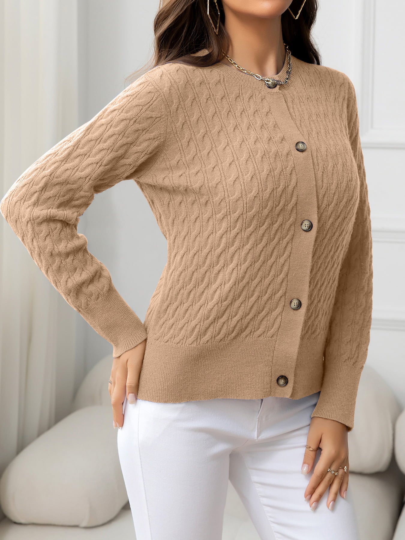 Round Neck Cable Style Buttoned Top