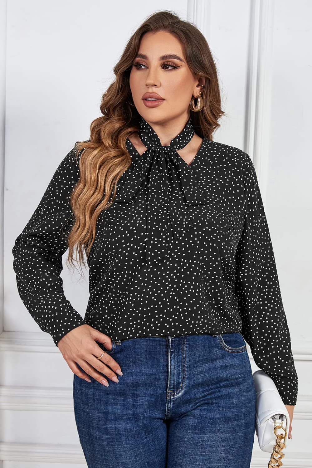 Melo Apparel Printed Tie Neck Long Sleeve Blouse