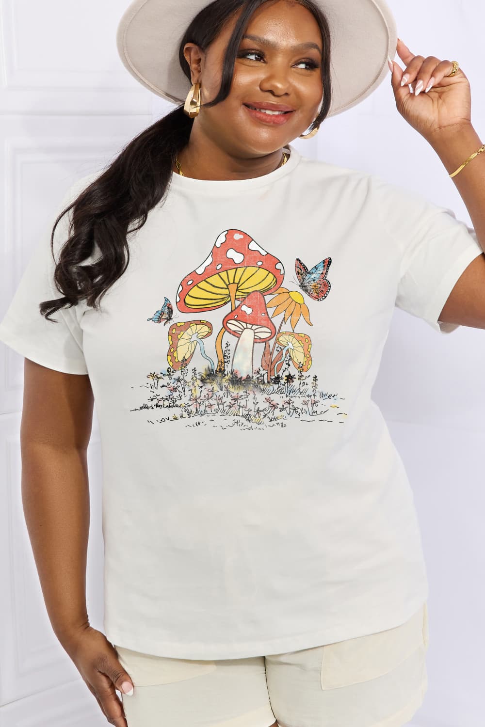 Simply Love Mushroom & Butterfly Graphic Cotton T-Shirt