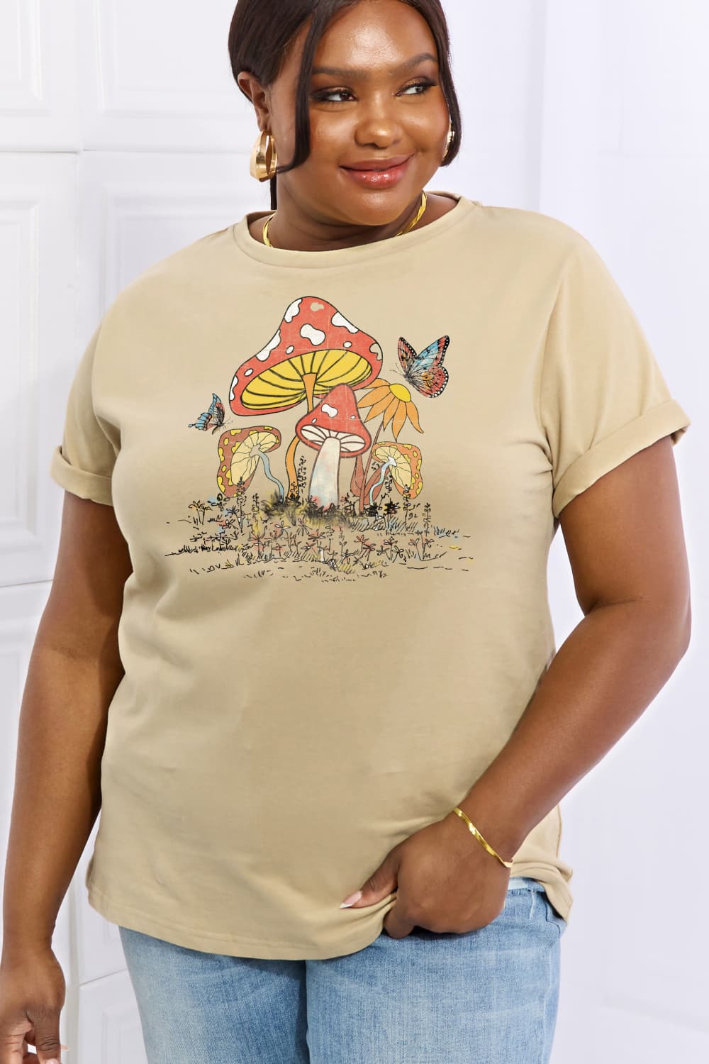Simply Love Mushroom & Butterfly Graphic Cotton T-Shirt