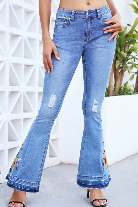 Flower Embroidery Distressed Wide Leg Jeans