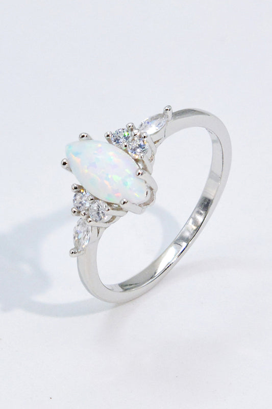 Opal and Zircon Platinum-Plated 925 Sterling Silver Ring