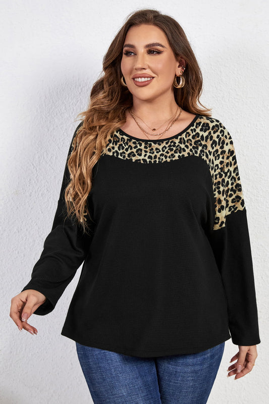 Melo Apparel Leopard Trim Round Neck Long Sleeve Tee