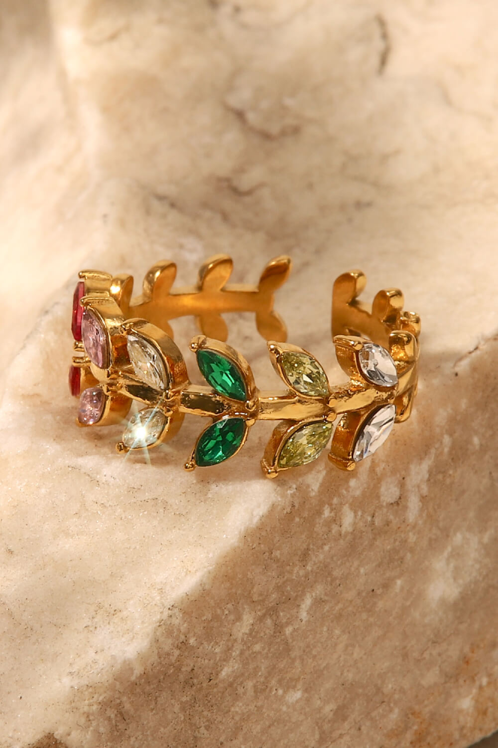 18K Gold-Plated Zircon Leaf Open Ring