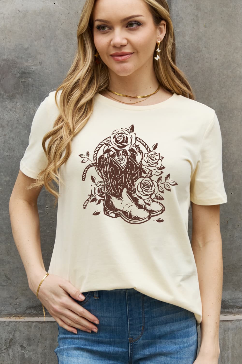 Simply Love Cowboy Boots Flower Graphic Cotton Tee
