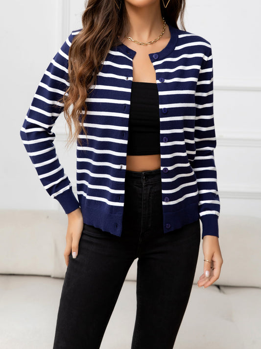 Striped Round Neck Long Sleeve Buttoned Top