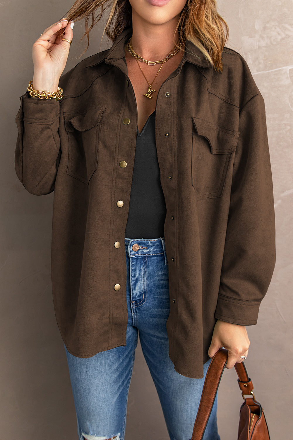 Double Take Suede Snap Front Jacket