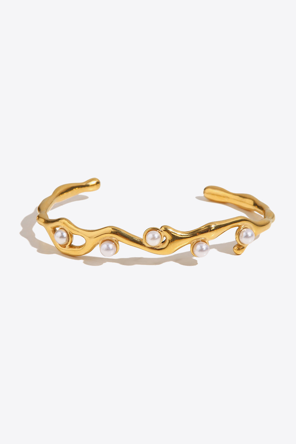 18K Gold Plated Inlaid Faux Pearl Open Bracelet