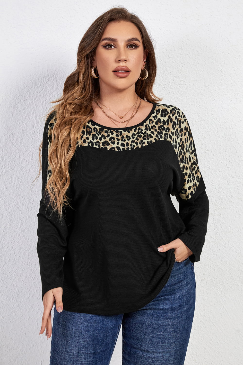 Melo Apparel Leopard Trim Round Neck Long Sleeve Tee