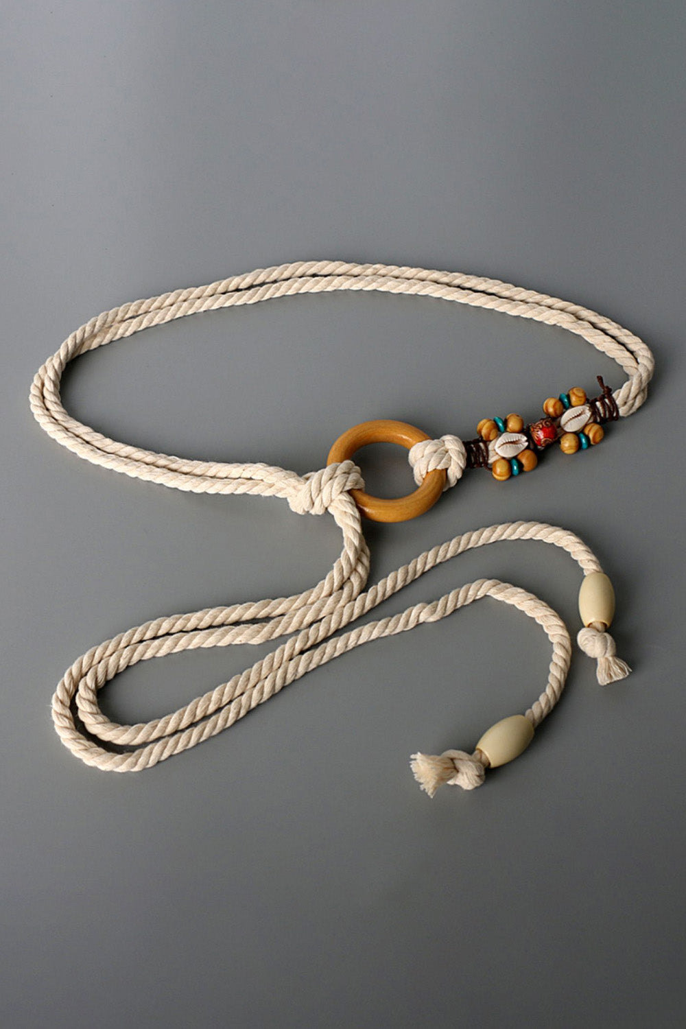 Wooden Ring Beaded Cotton Rope Belt