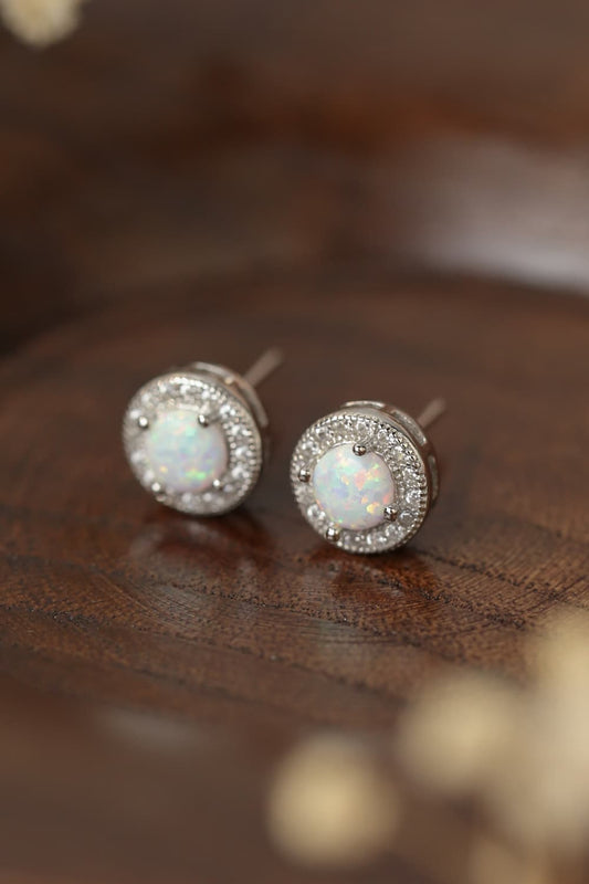 Opal Round 925 Sterling Silver Platinum-Plated Stud Earrings