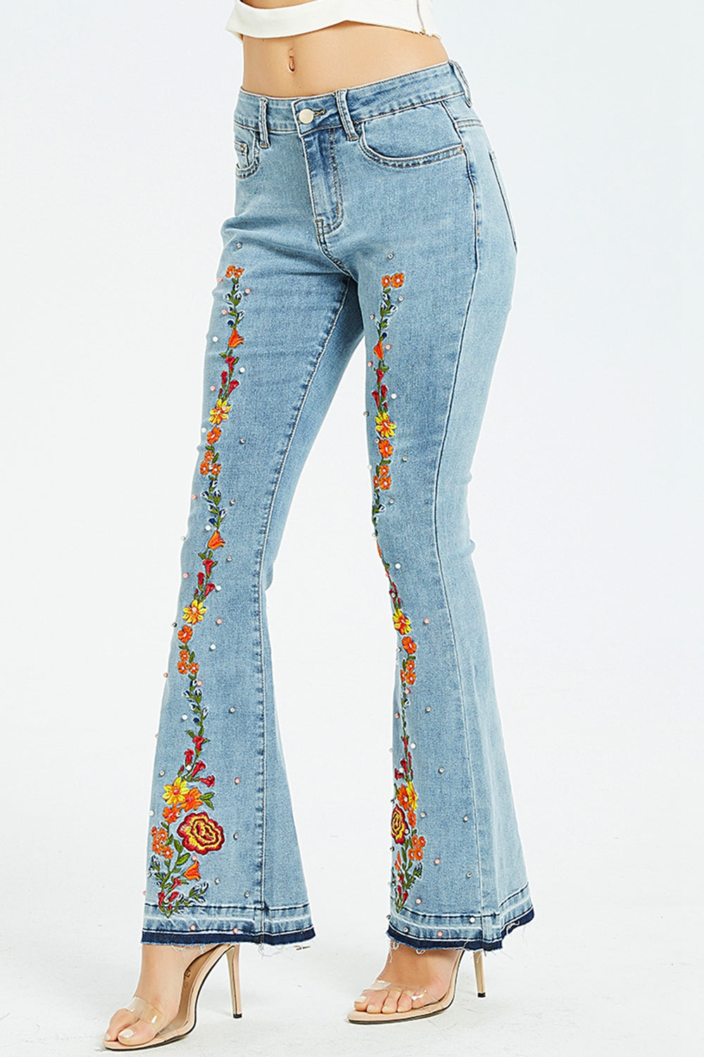 Flower Embroidery Wide Leg Jeans